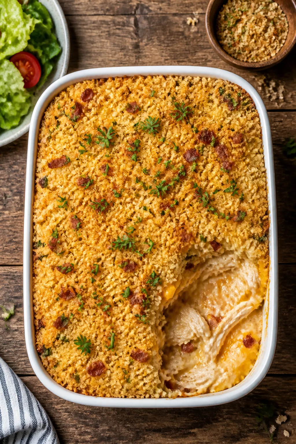 Overhead “tasty top view” of the final Million Dollar Chicken Casserole served family-style: a 9