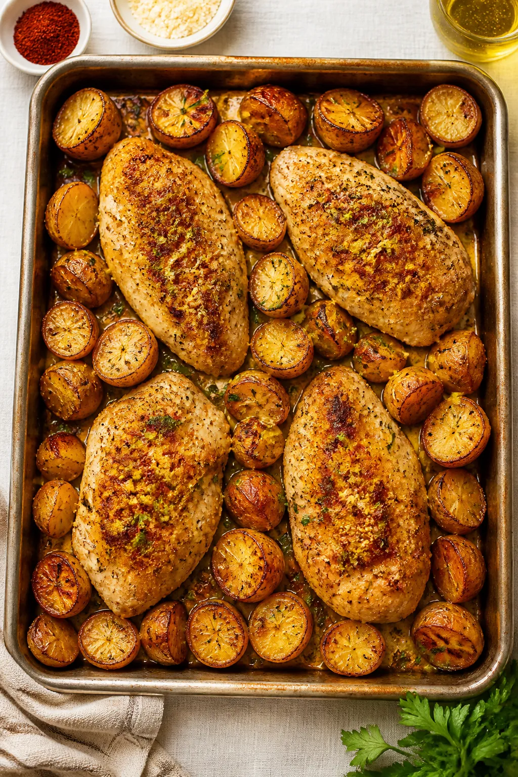 Overhead “tasty top view” of the finished one-pan dinner: four coated chicken breasts nestled am
