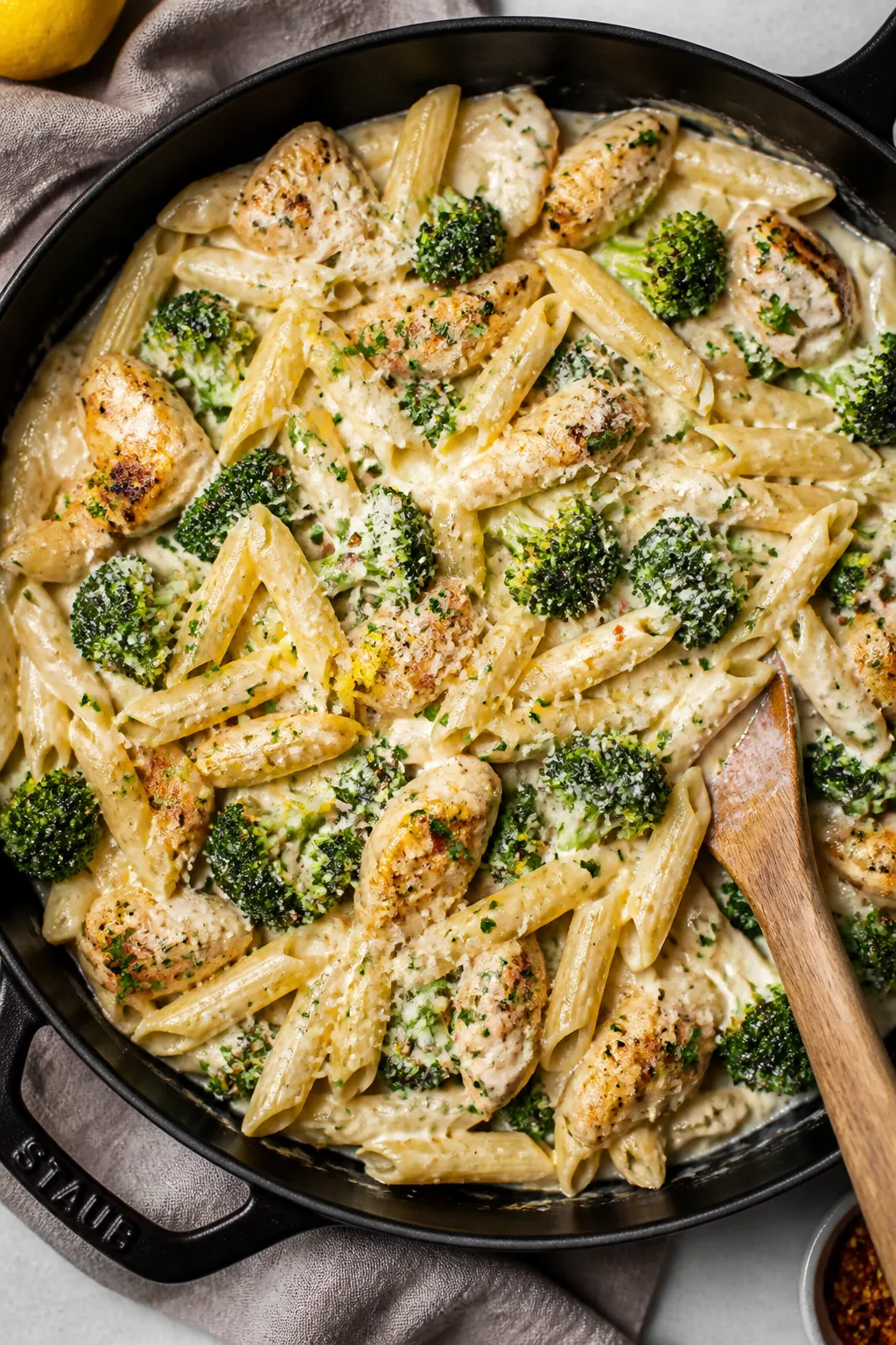 Overhead tasty top view: One-pan Chicken and Broccoli Alfredo Skillet just combined—short pasta (p