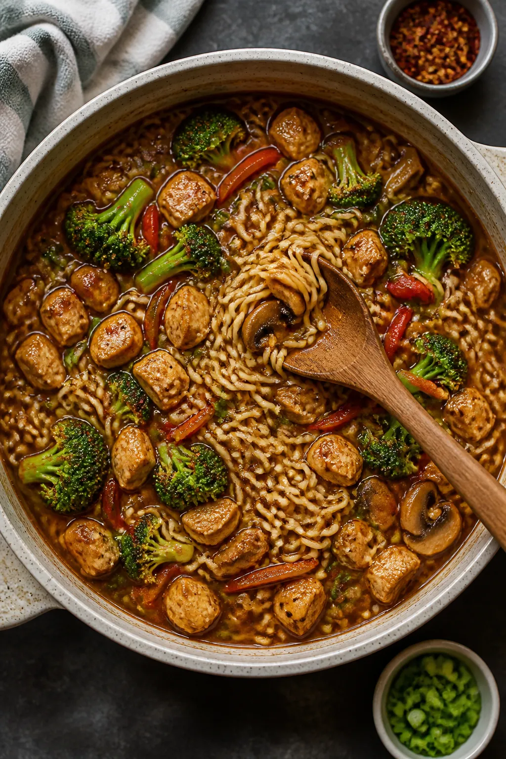 Overhead “tasty top view”: One-pot teriyaki chicken ramen at a lively simmer, ramen bricks loose