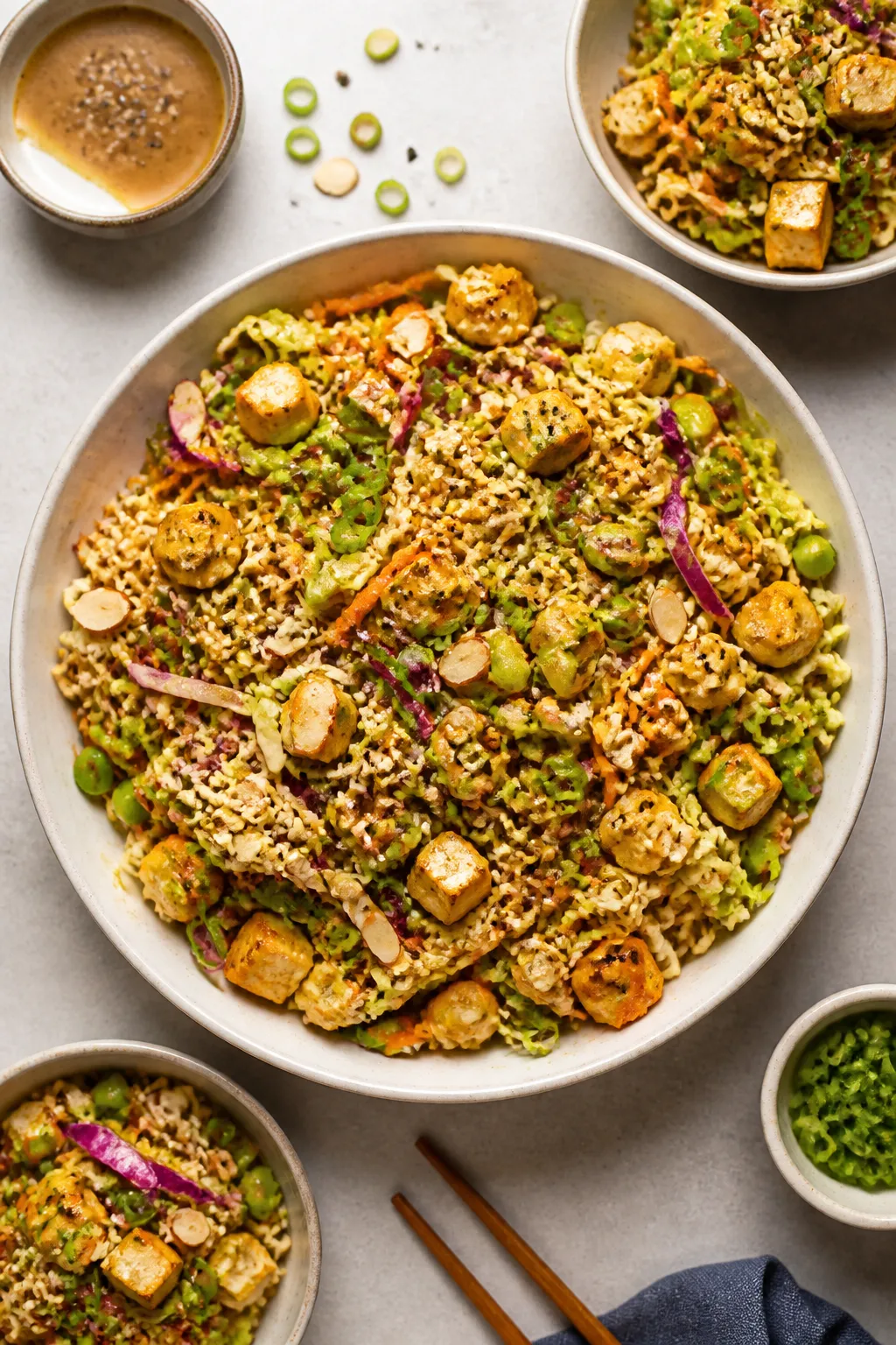 Overhead “tasty top view” serving moment: Top-down shot of the assembled salad just tossed—shi