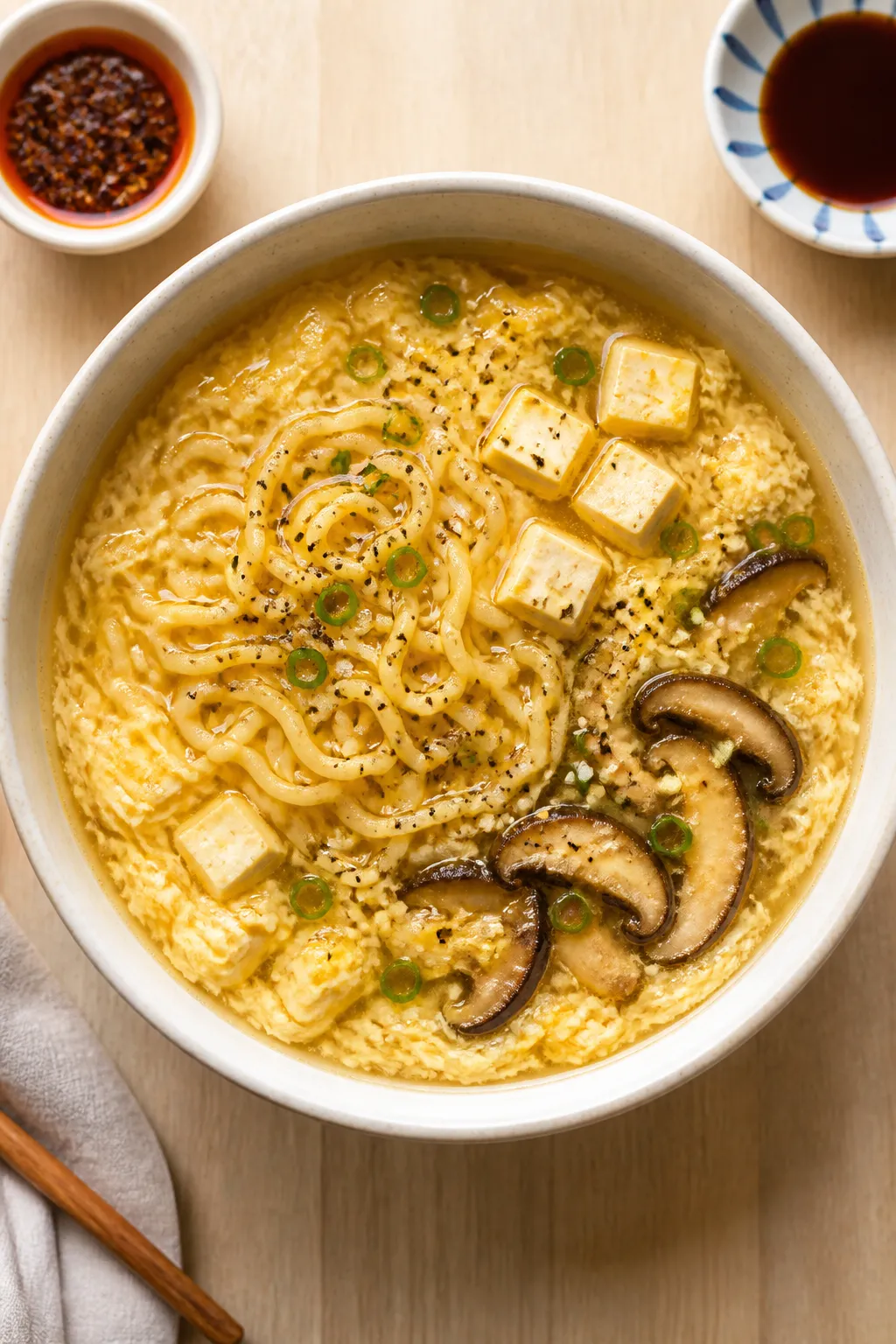 Overhead “tasty top view”: Top-down shot of a neatly arranged bowl of egg drop ramen highlightin