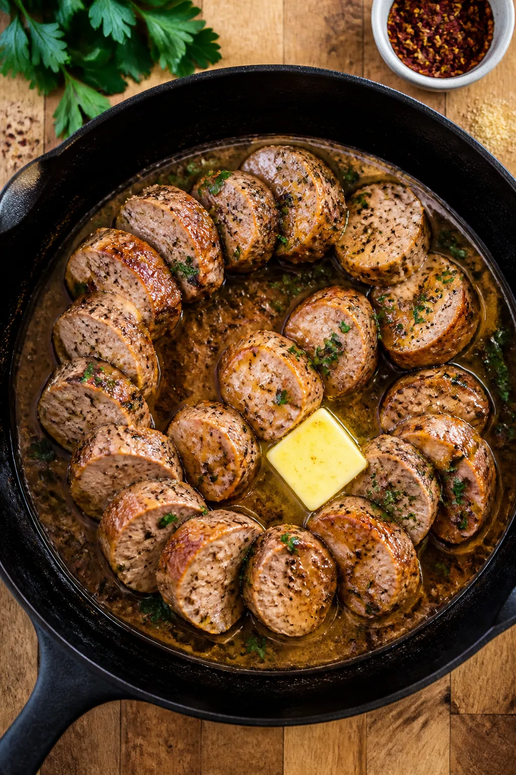 Overhead tasty top view: Top-down shot of a cast-iron skillet filled with just-rested pork tenderloi