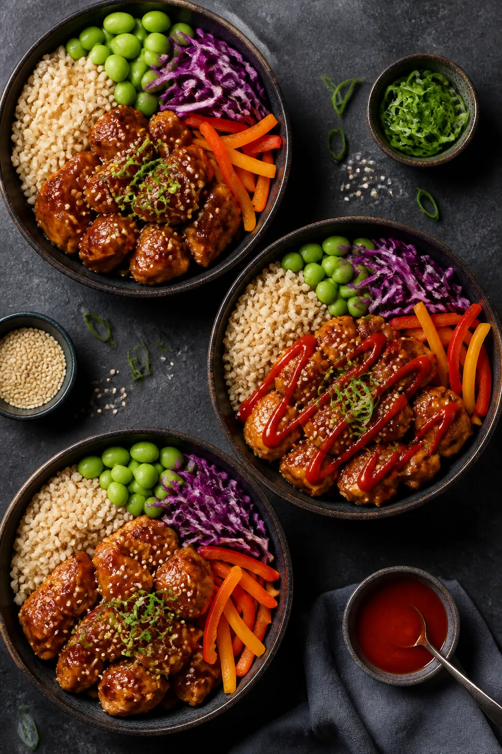 Overhead tasty top view: Top-down shot of meal-prep style bowls—three neatly composed sticky honey