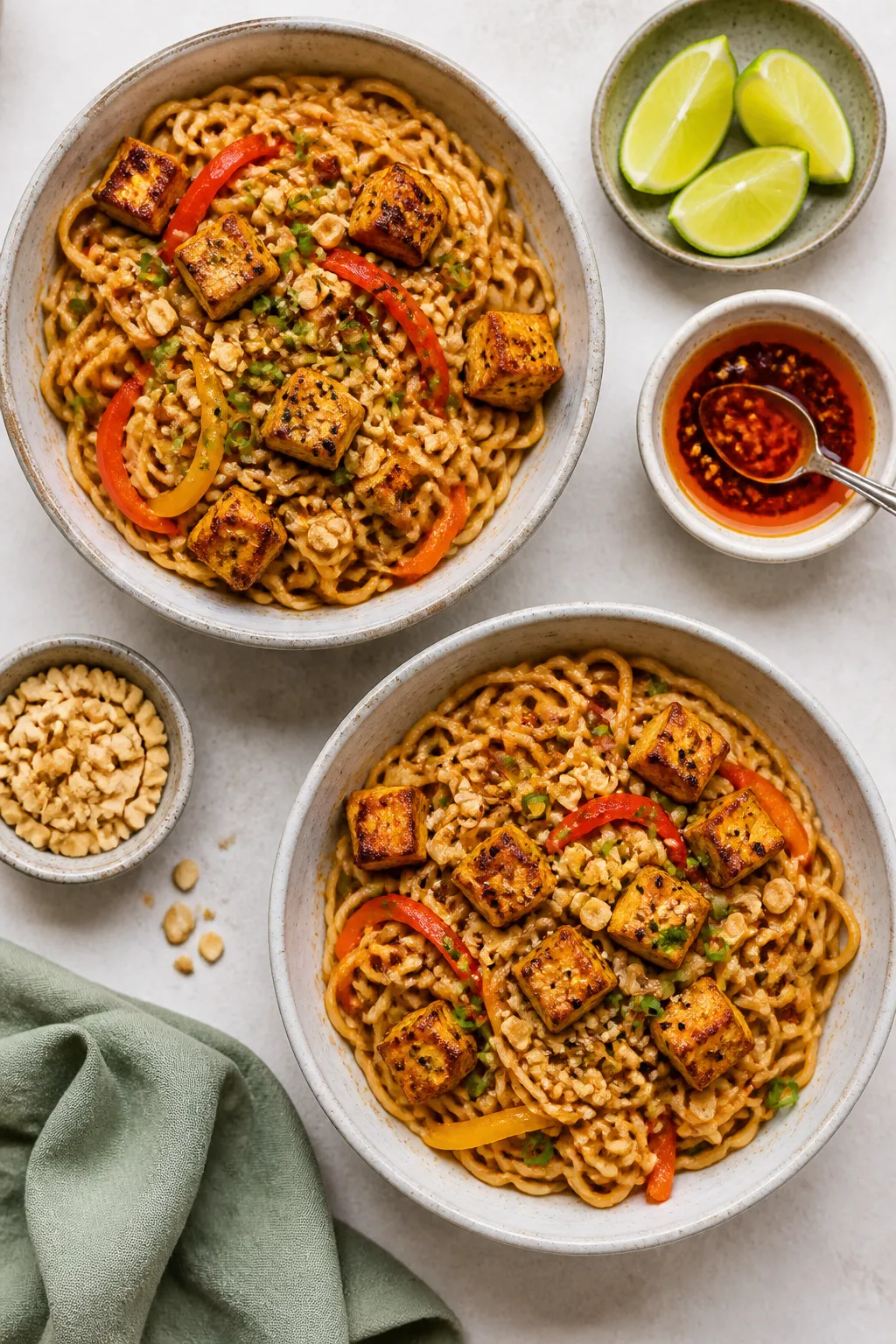 Overhead “tasty top view”: Top-down spread of two bowls of Spicy Peanut Ramen Noodles showing bo