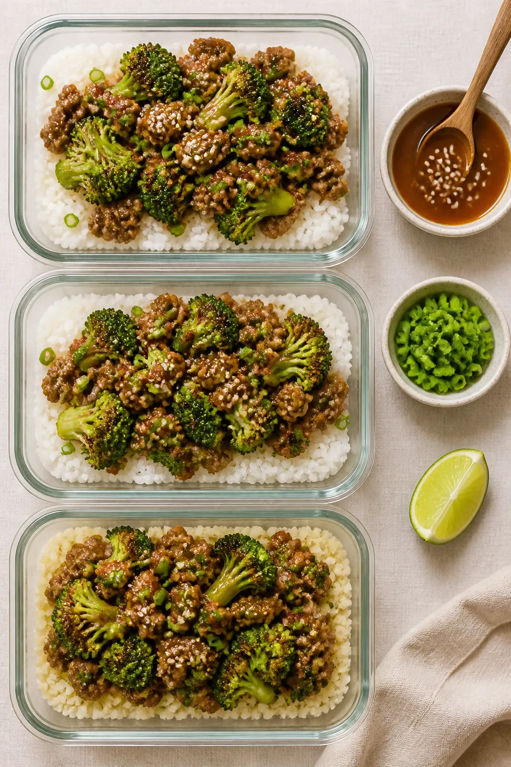 Overhead top view, meal-prep focus: Tasty top-down shot of portioned ground beef and broccoli with s