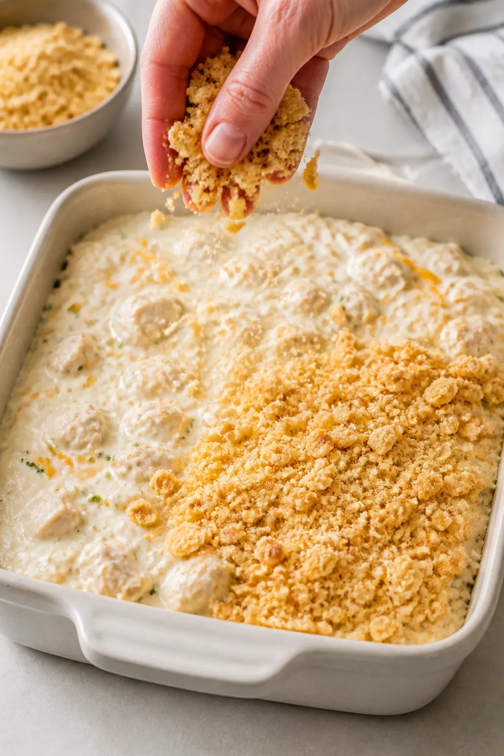 Process action shot focused on “top and bake” step: the prepared creamy chicken mixture already 