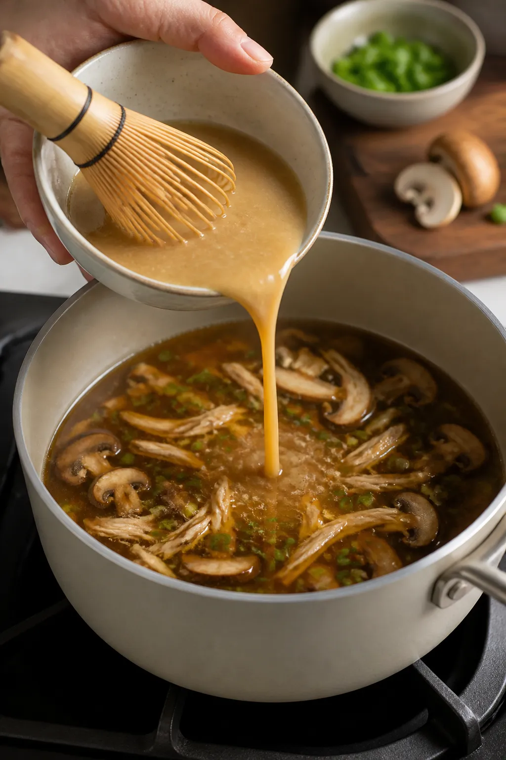 Process-in-action shot of miso being whisked into a small bowl of hot broth before returning to the 