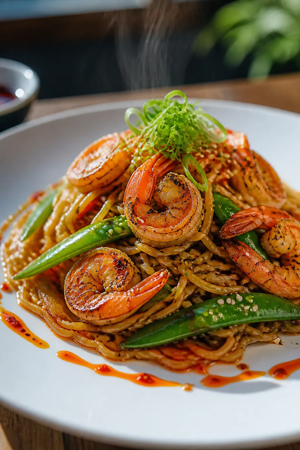 Restaurant-quality final plate: single-serving mound of ramen stir fry with seared shrimp and snap p