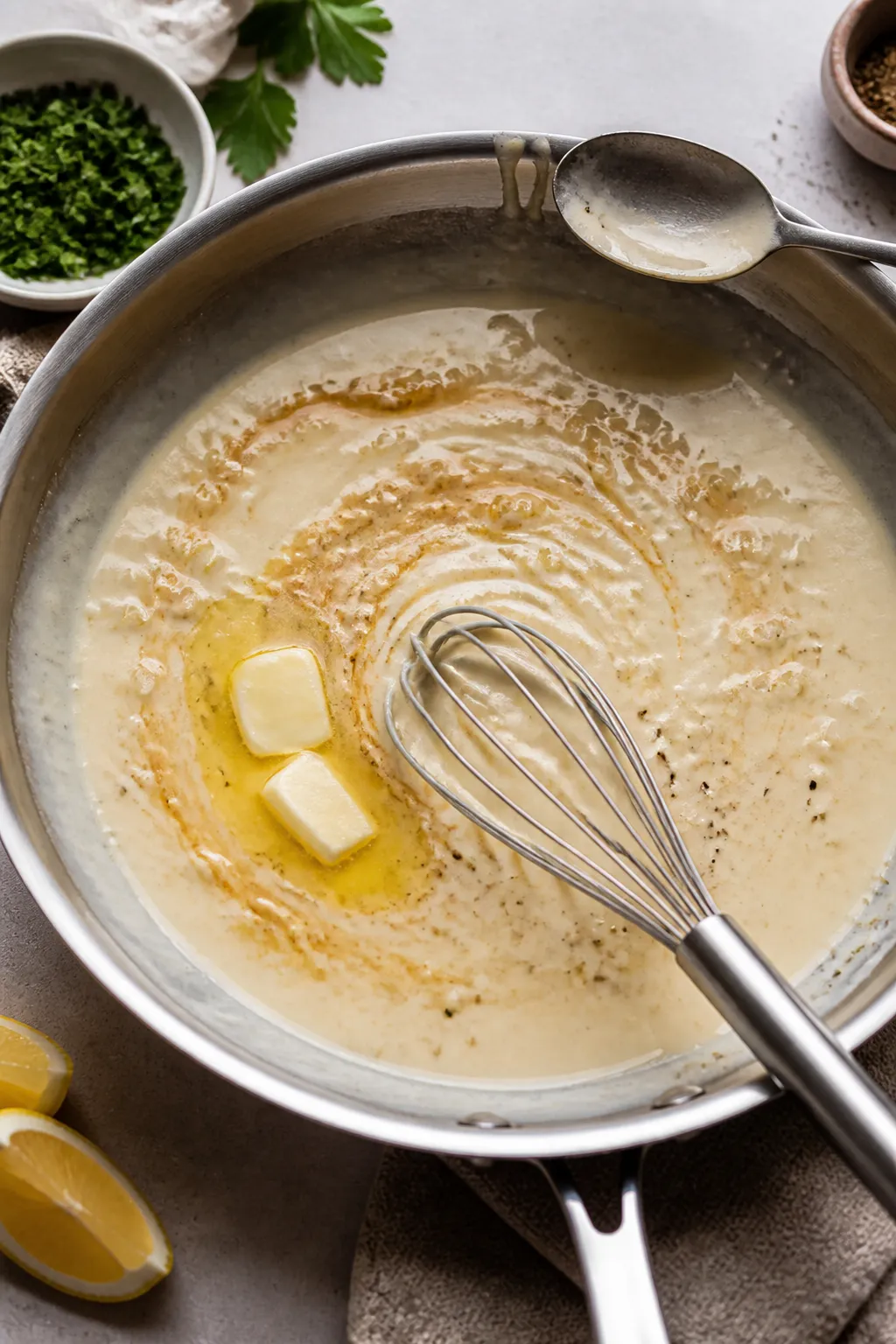 Sauce-building action shot: Overhead shot of the velvety garlic cream sauce simmering in the same pa