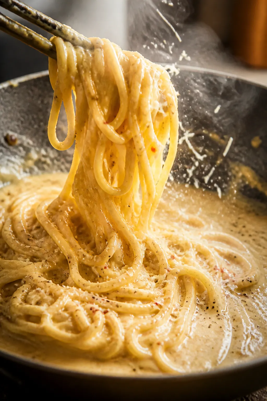Saucy noodle action shot: Silky ramen being tossed in a skillet with a creamy garlic-broth base, Par