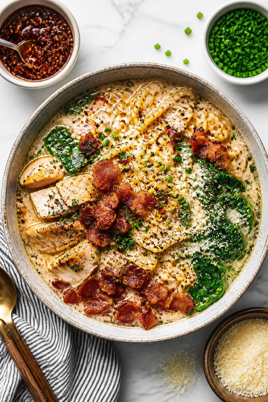Tasty fully garnished: Overhead shot of a cozy, loaded bowl of chicken bacon ranch ramen—ramen str