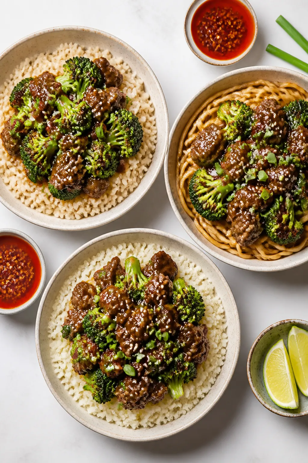 Tasty meal-prep vibe: Overhead shot of the finished Ground Beef and Broccoli Stir Fry served three w