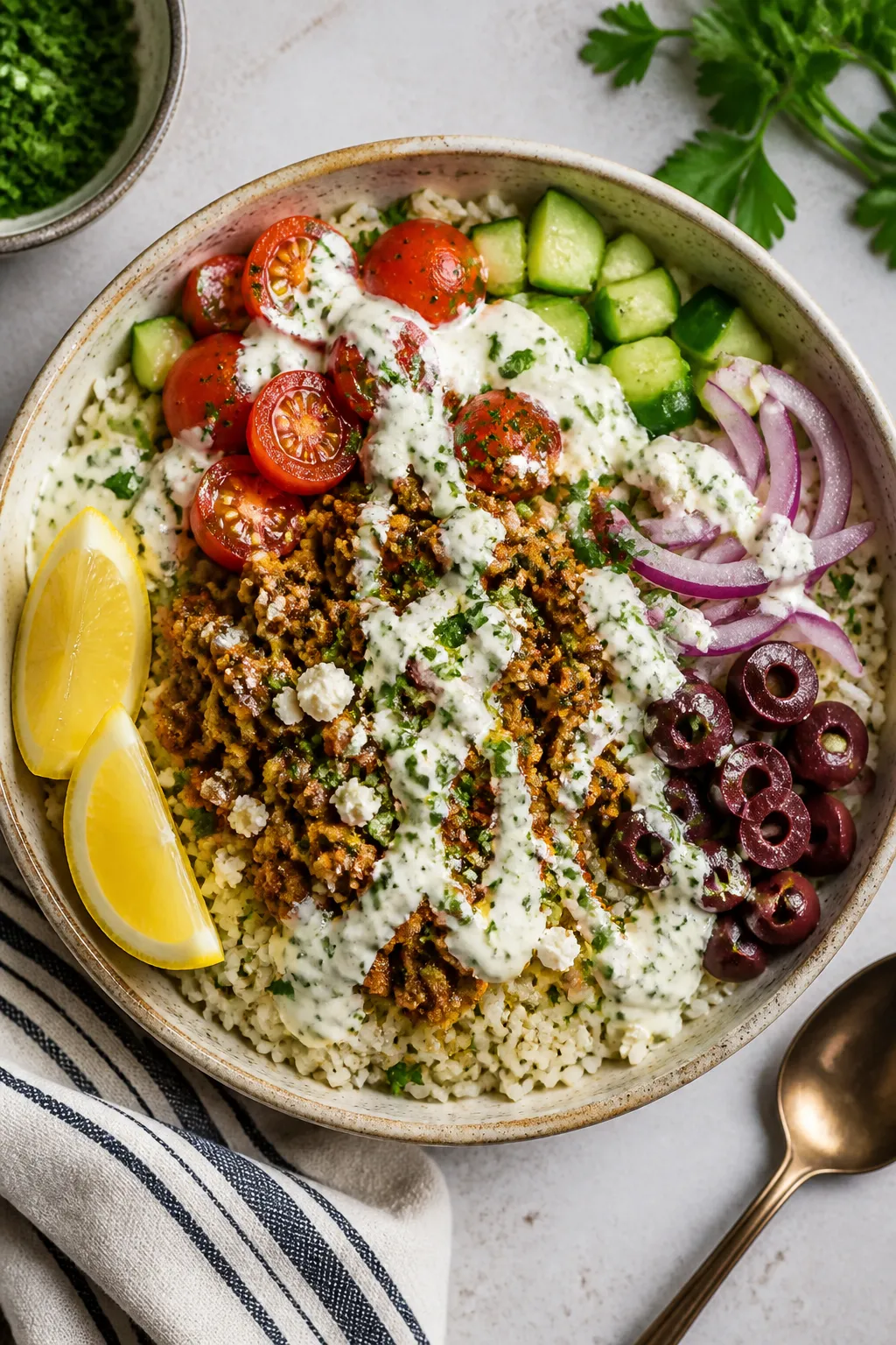 Tasty overhead final bowl: Top-down shot of a fully assembled Ground Chicken Greek Rice Bowl in a wi