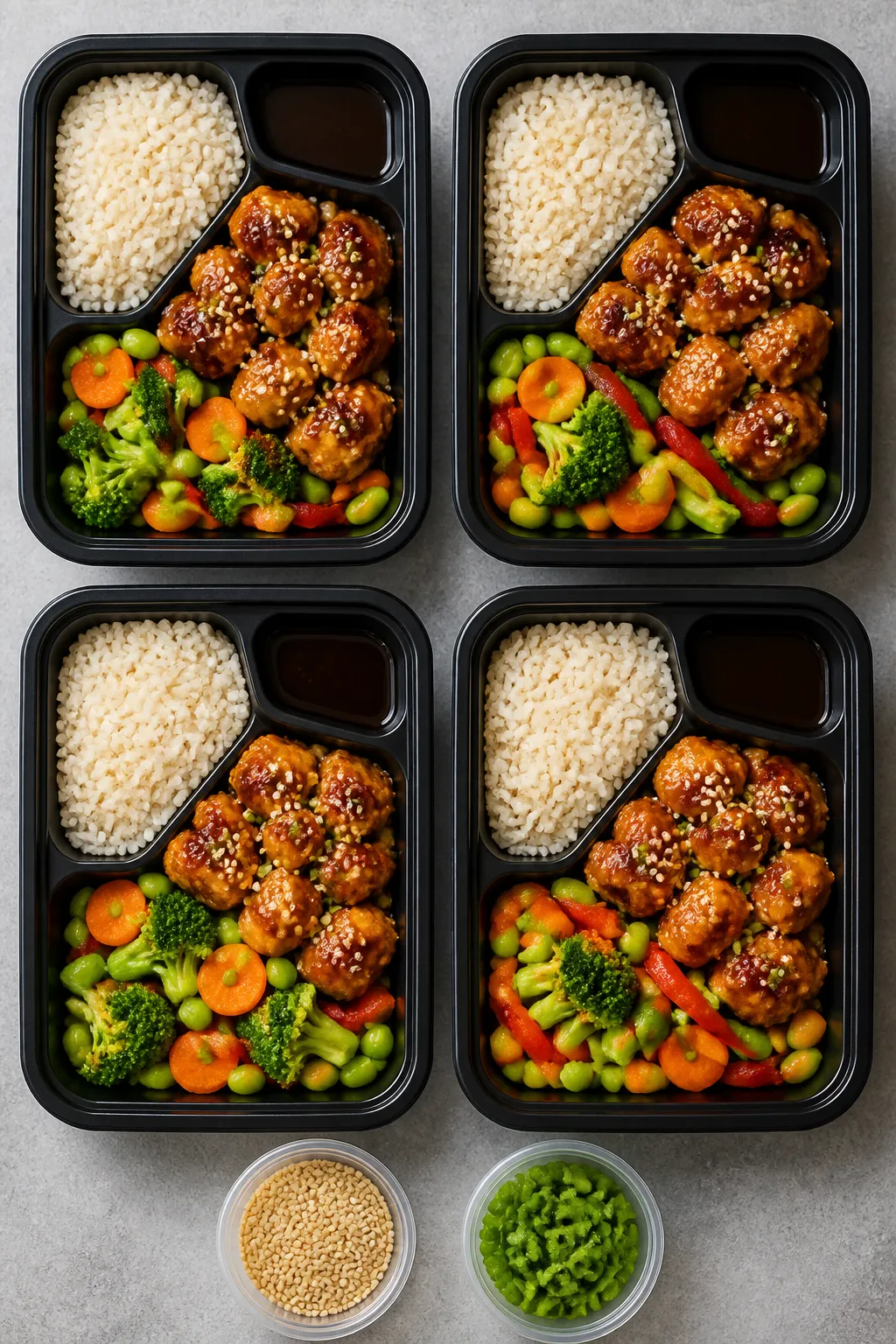 Tasty overhead meal-prep spread: Top-down shot of multiple single-serve containers neatly filled for