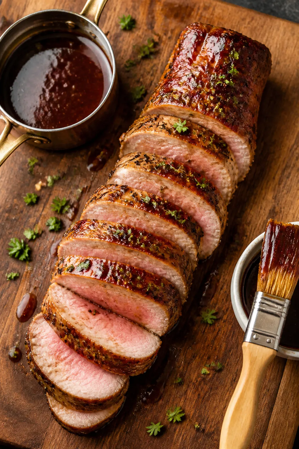 Tasty : Overhead shot of a whole roasted pork tenderloin just after resting, sliced three-quarters o