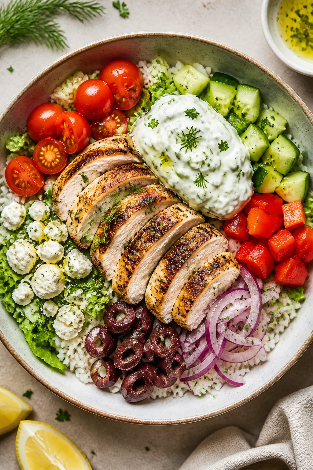 Tasty top view, assembly focus: Overhead shot of a Greek chicken rice bowl mid-assembly on a neutral