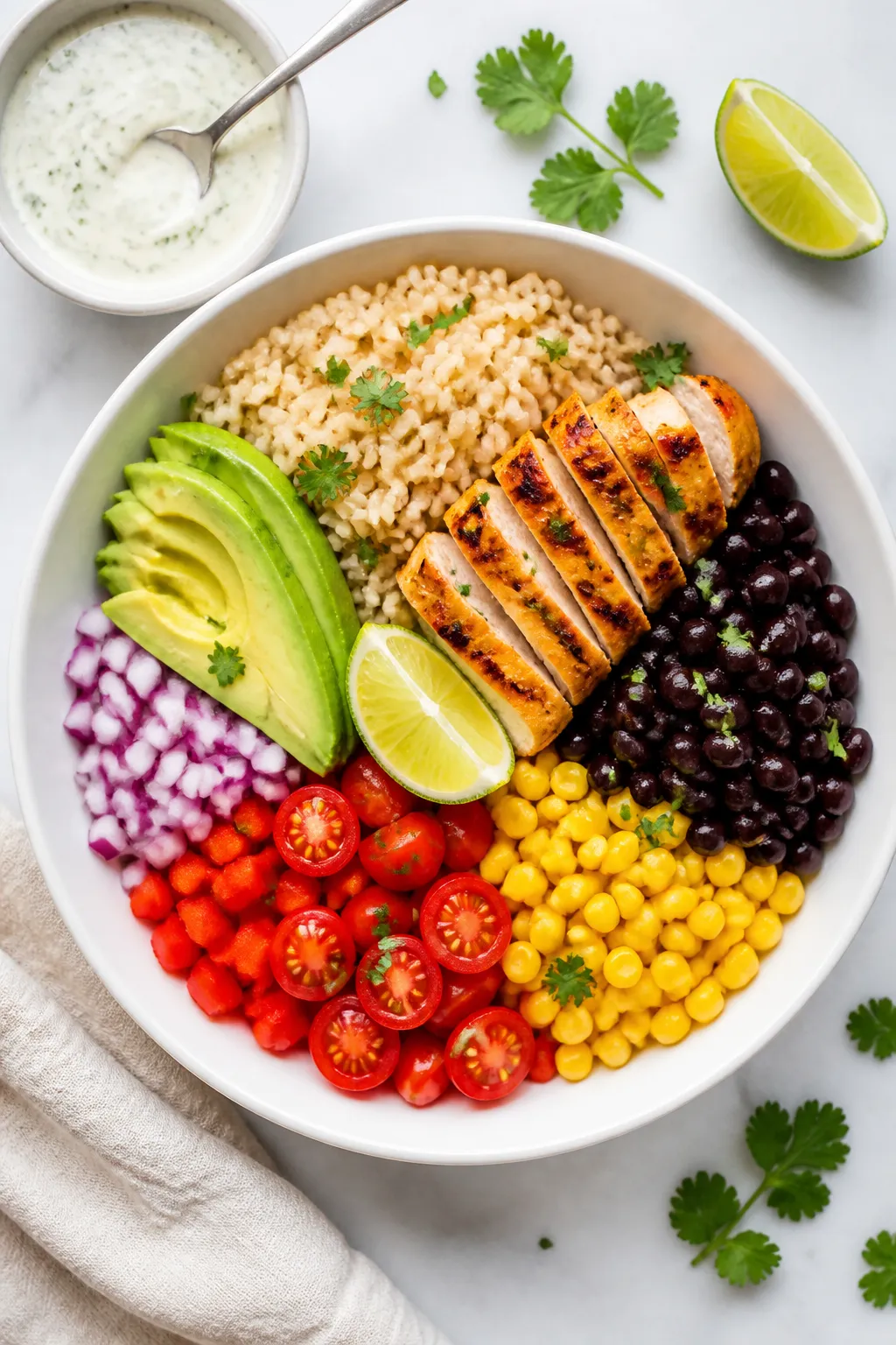 Tasty top view – Assembly moment: Overhead shot of a burrito bowl mid-build on a matte white bowl,