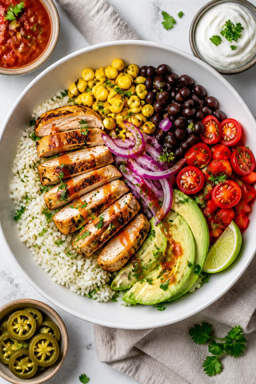 Tasty top view, assembly moment: Overhead shot of Easy Chicken Burrito Bowls mid-assembly—fluffy c