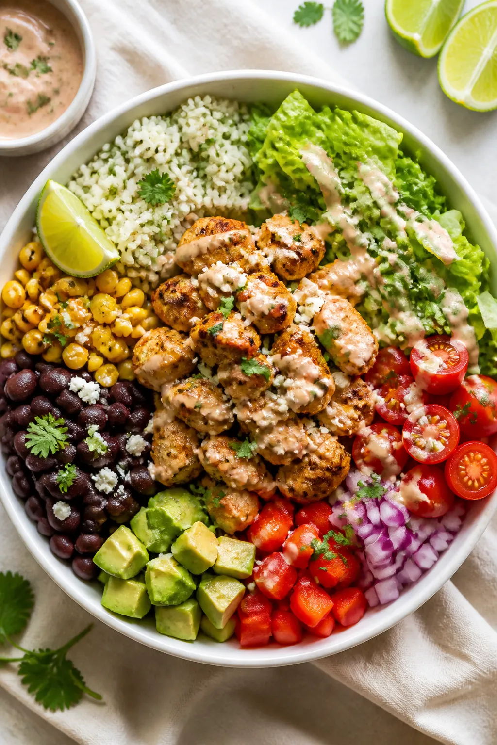Tasty top-view assembly: Overhead shot of a taco bowl mid-assembly—half cilantro-lime rice base an