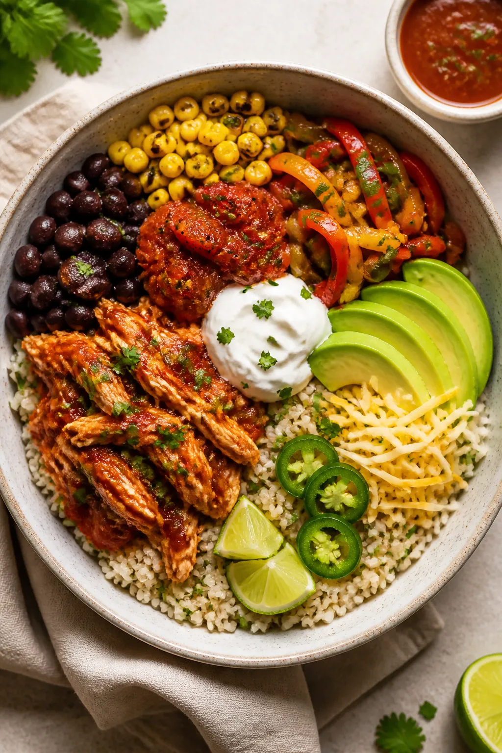 Tasty top view — Bowl assembly: Overhead shot of a Healthy Chicken Enchilada Bowl layered over cil