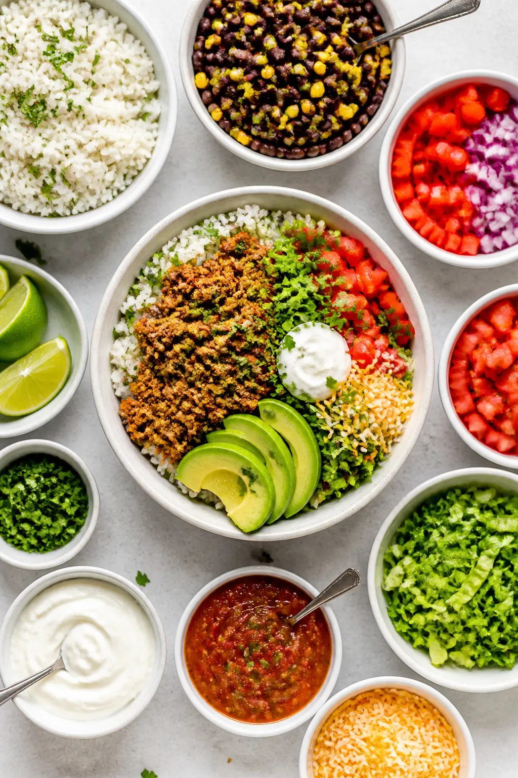 Tasty top view — build-your-own burrito bowl spread: Overhead shot of a colorful burrito bowl bar