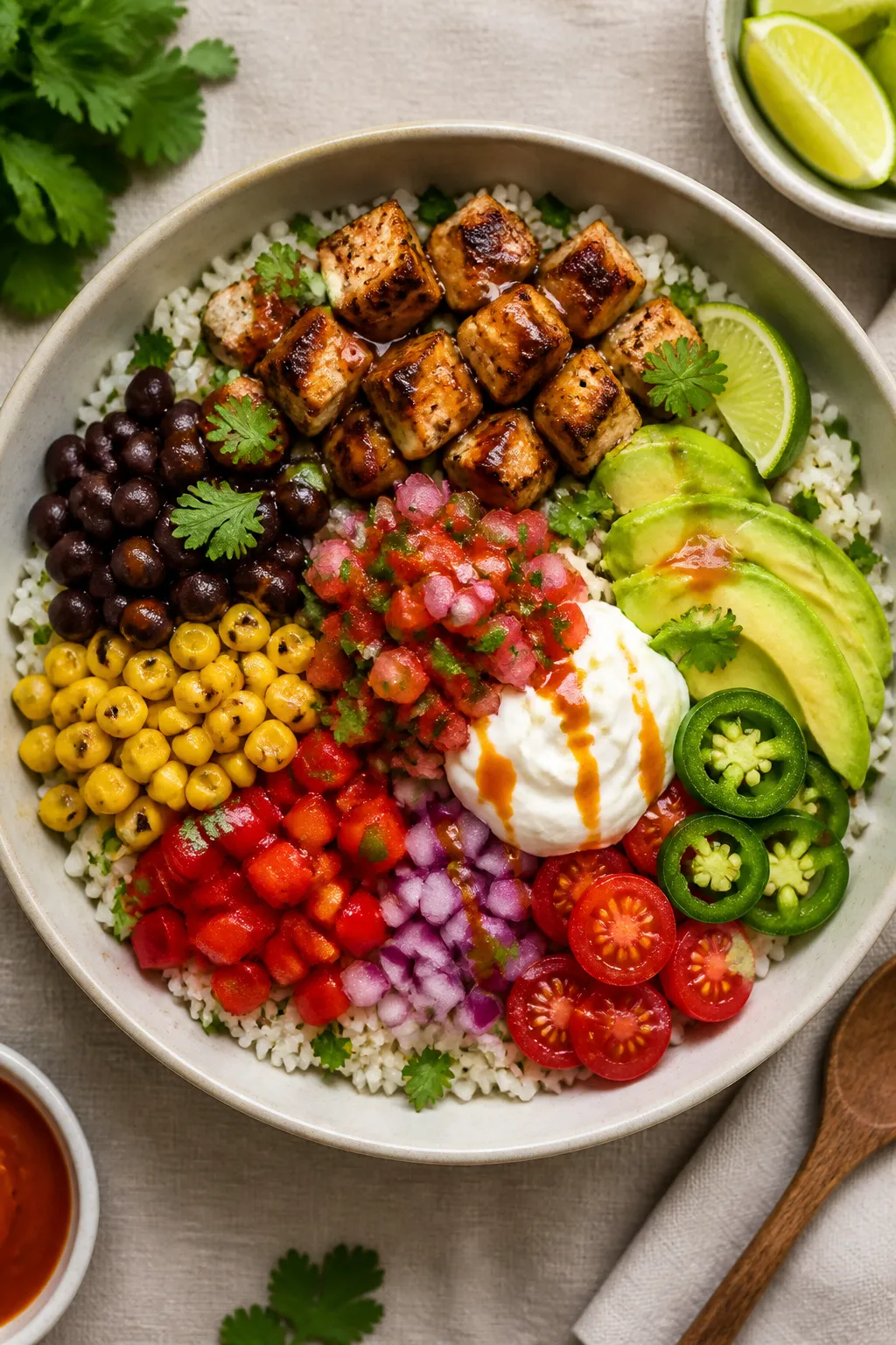 Tasty top view, build-your-own layout: Overhead shot of a loaded chicken burrito bowl just assembled