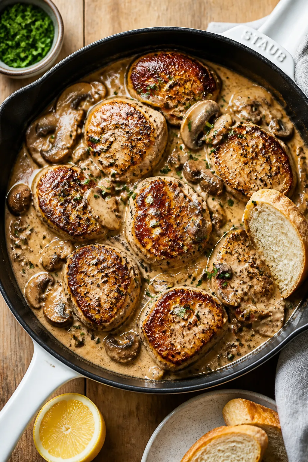Tasty top view, family-style: Overhead shot of a skillet filled with the finished pork tenderloin me