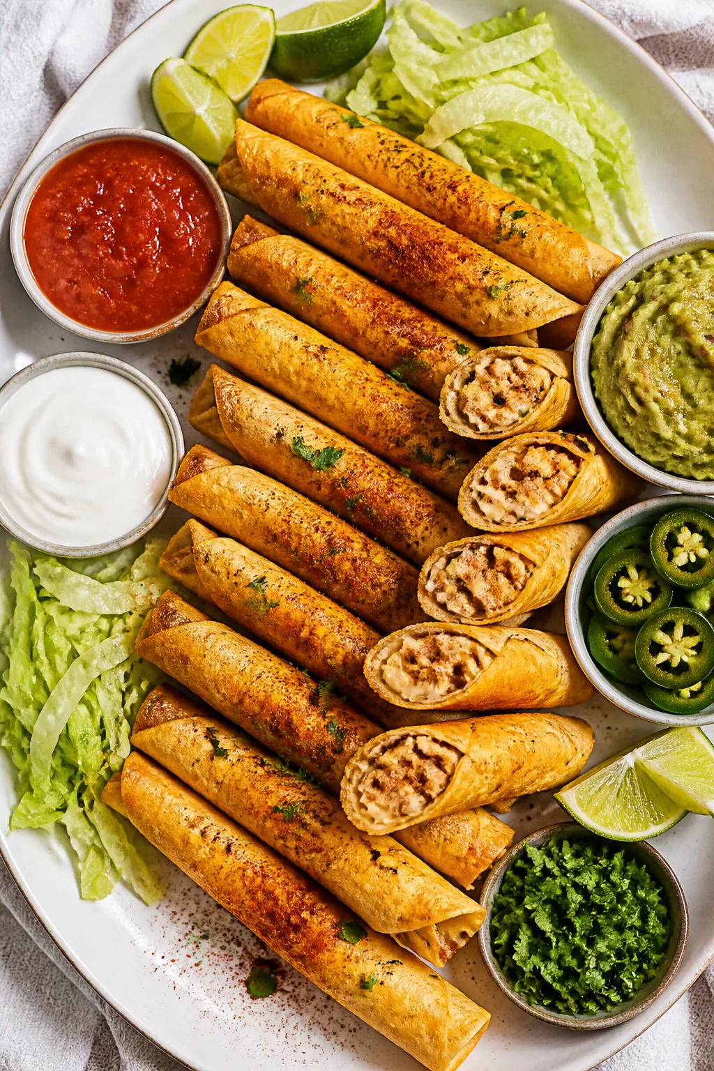 Tasty top view final plate: Overhead shot of a serving platter of air fryer ground chicken taquitos 