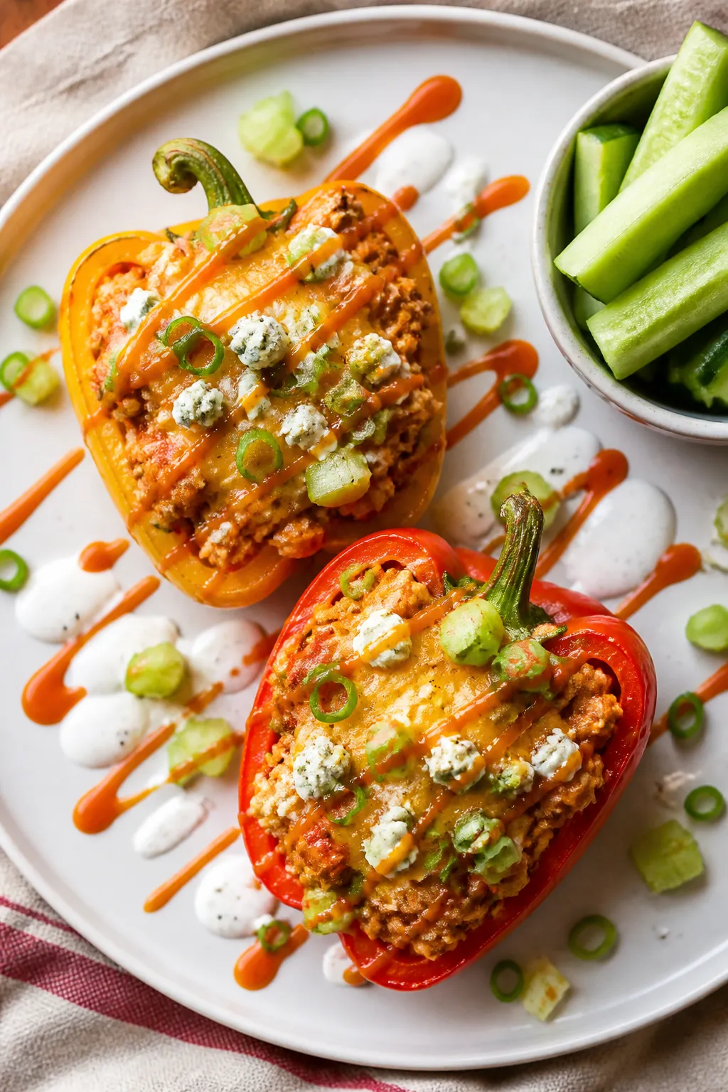 Tasty top view final plate: Overhead shot of two halved Ground Chicken Buffalo Stuffed Peppers on a 