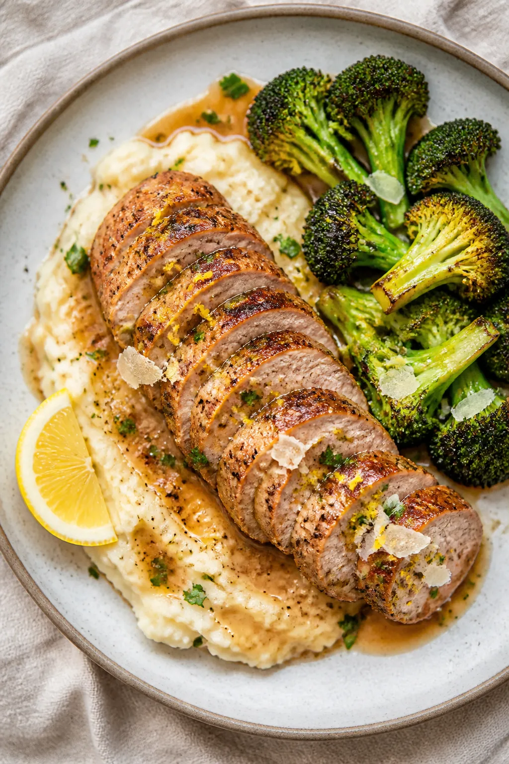 Tasty top view (final plated): Overhead shot of a composed dinner plate—medallions of Parmesan-gar