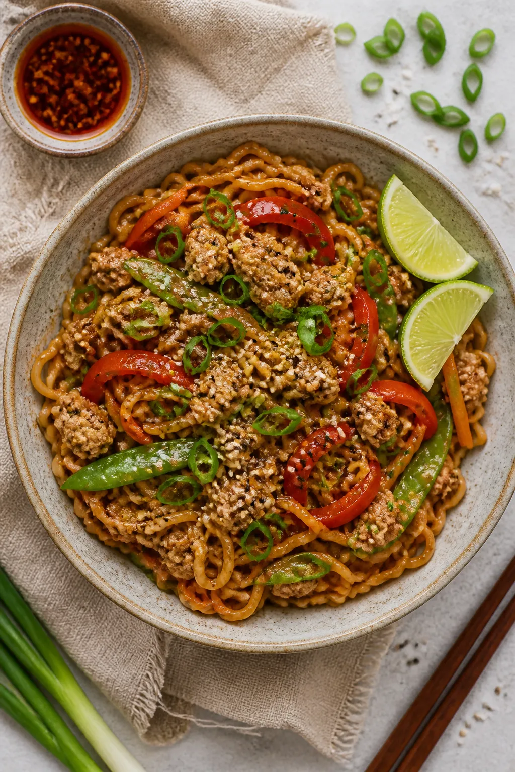 Tasty top view, final plated: Overhead shot of a generous bowl of Ground Chicken Ramen Stir Fry plat