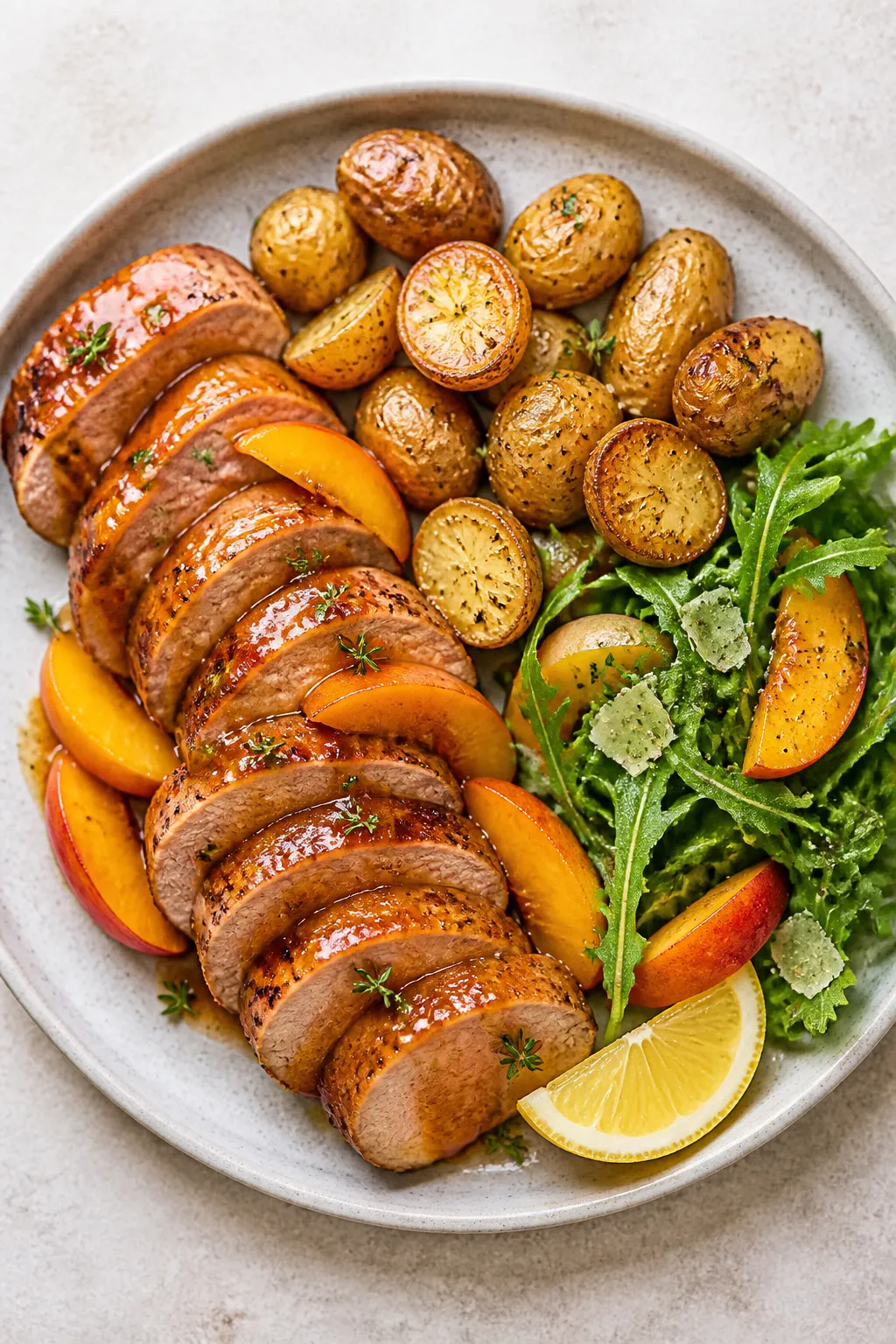 Tasty top view: Final plated Peach Glazed Pork Tenderloin as a composed dinner plate—neatly fanned