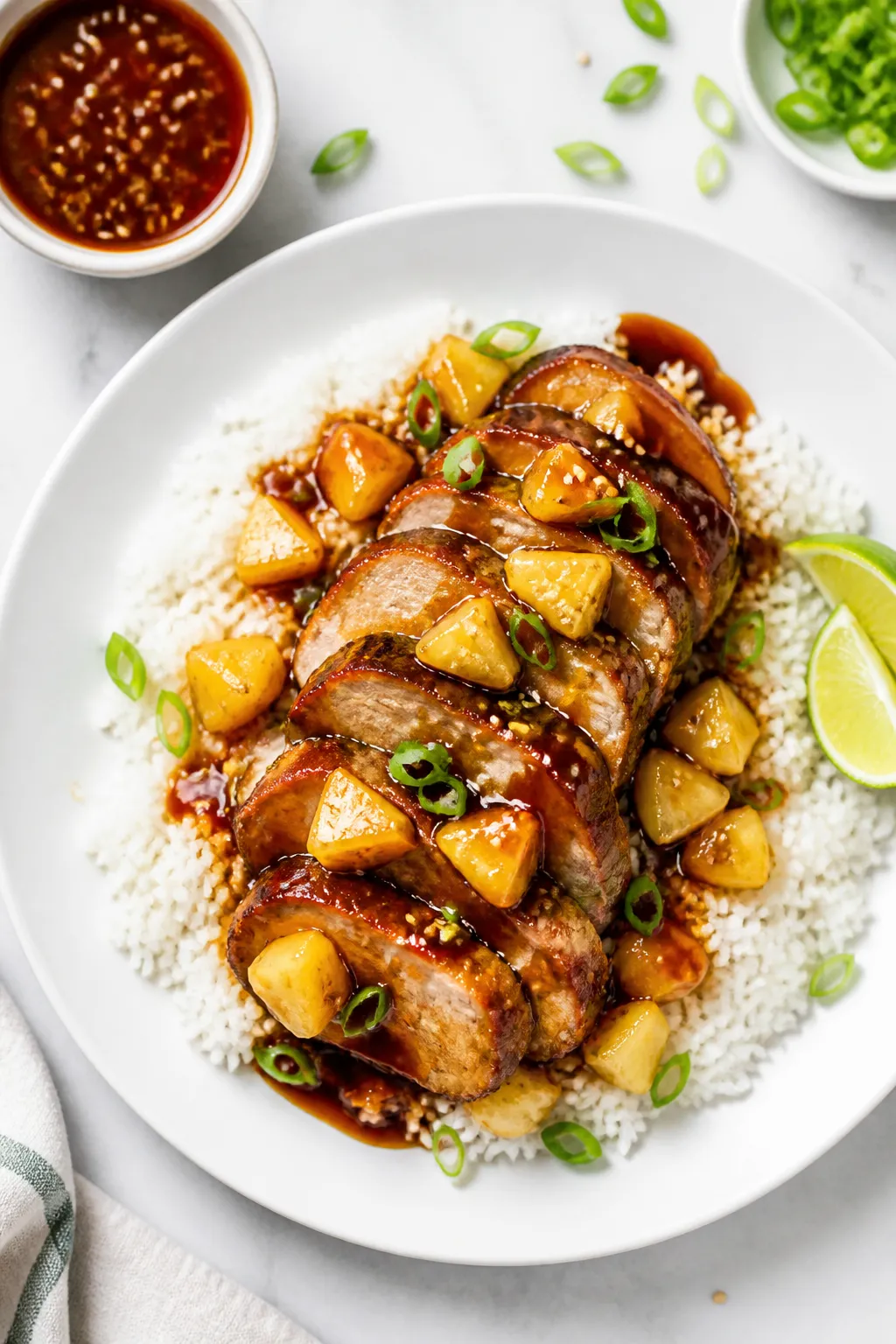 Tasty top view: Final plated Pineapple Pork Tenderloin on a matte white plate over steamed jasmine r