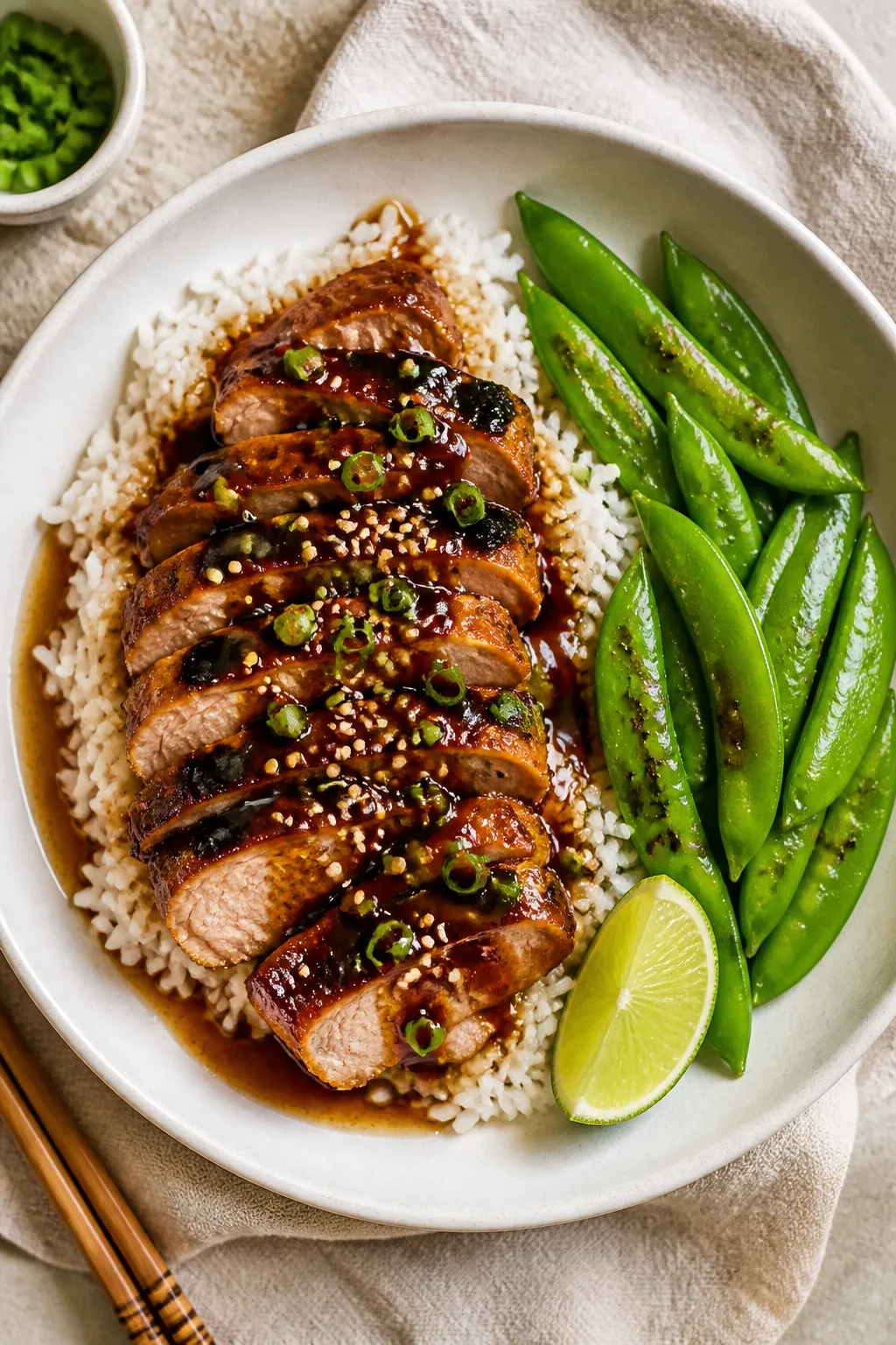 Tasty top-view final presentation: Overhead shot of a composed plate—neatly fanned pork medallions