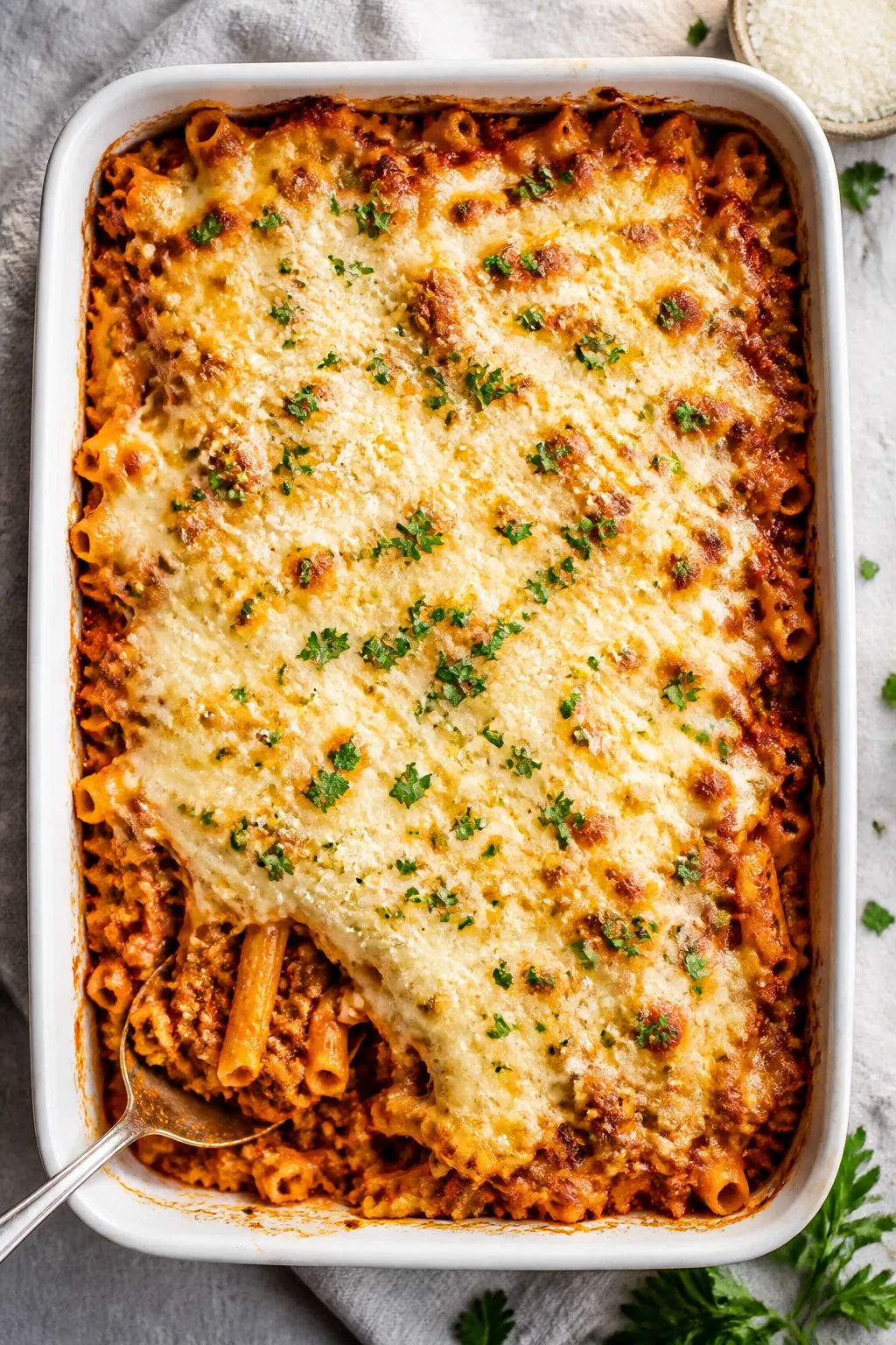 Tasty top view, in-pan bake: Overhead shot of the baked ground chicken pasta in a 9x13 pan, cheese m