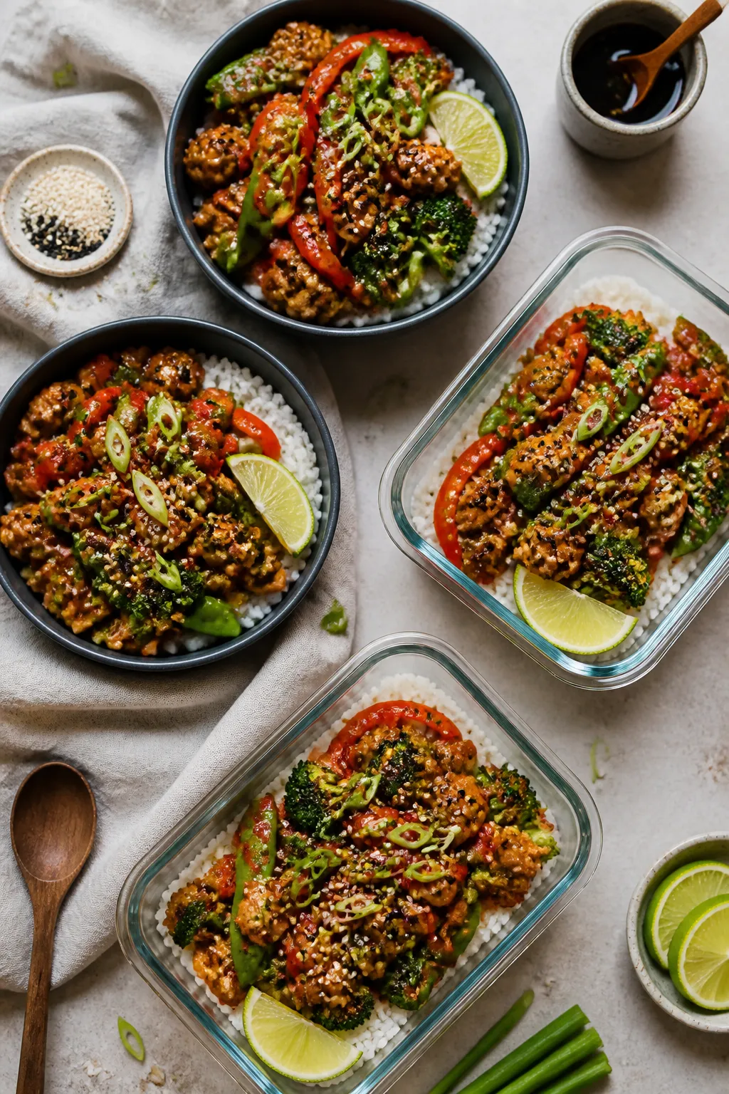 Tasty top view, meal-prep bowls: Overhead shot of Ground Chicken Stir Fry Bowls neatly portioned ove