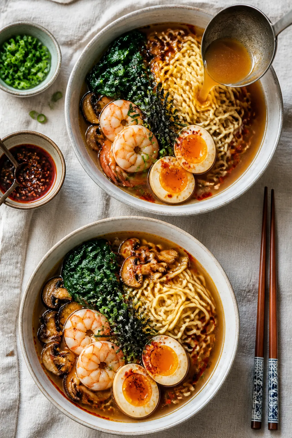 Tasty top view — noodle assembly: Overhead shot of two bowls mid-assembly with freshly cooked rame