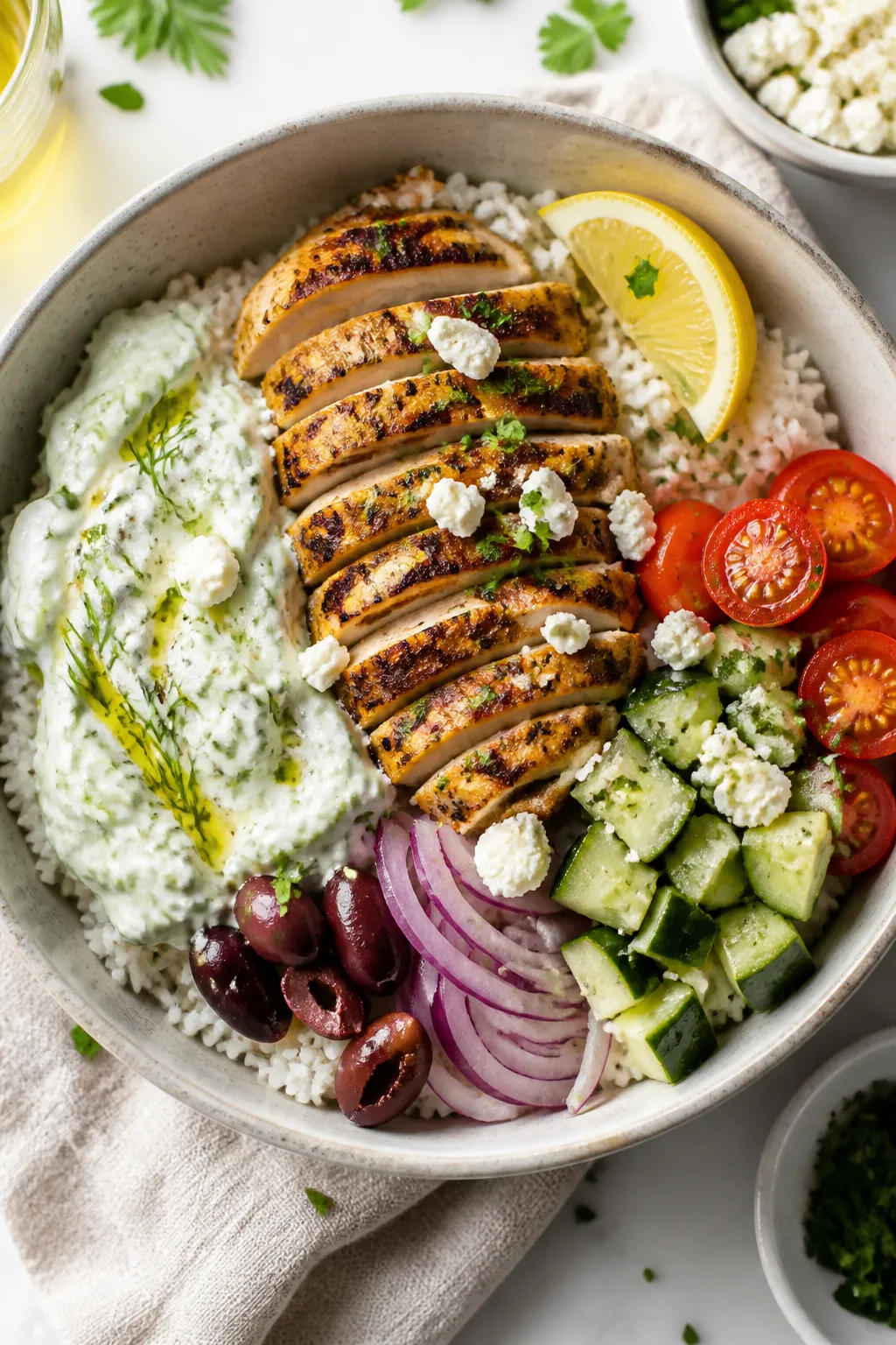 Tasty top view (overhead assembly): Overhead shot of a Greek Chicken and Tzatziki Rice Bowl mid-asse