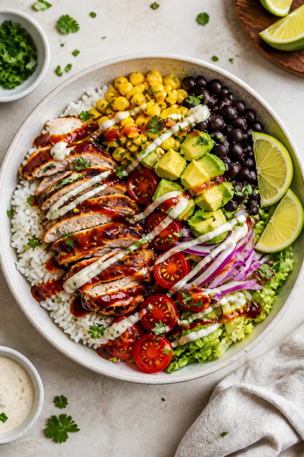Tasty top view, overhead assembly: Overhead shot of BBQ Ranch Chicken Bowl being assembled on a neut