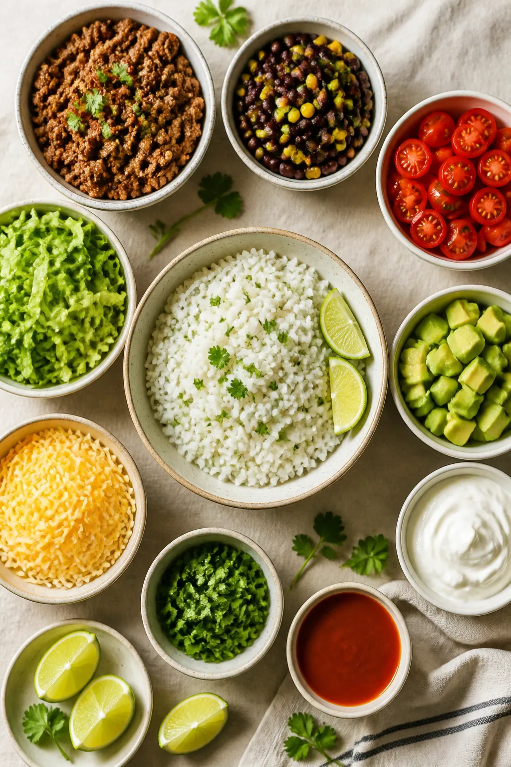 Tasty top view, overhead assembly: Overhead shot of build-your-own taco bowl components cooked and r