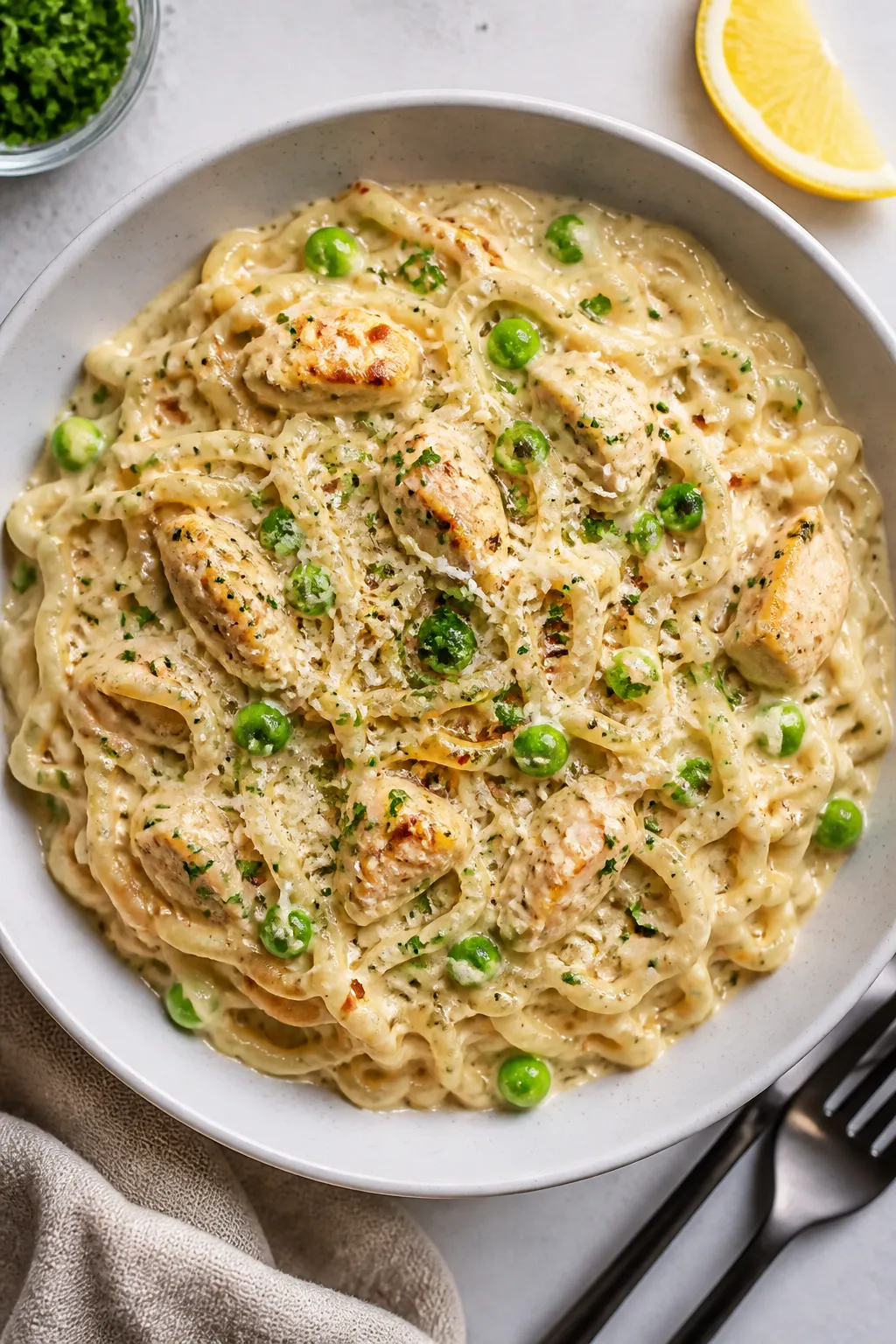 Tasty top view, overhead: Chicken Alfredo Ramen in a wide, shallow white bowl, ramen noodles glisten