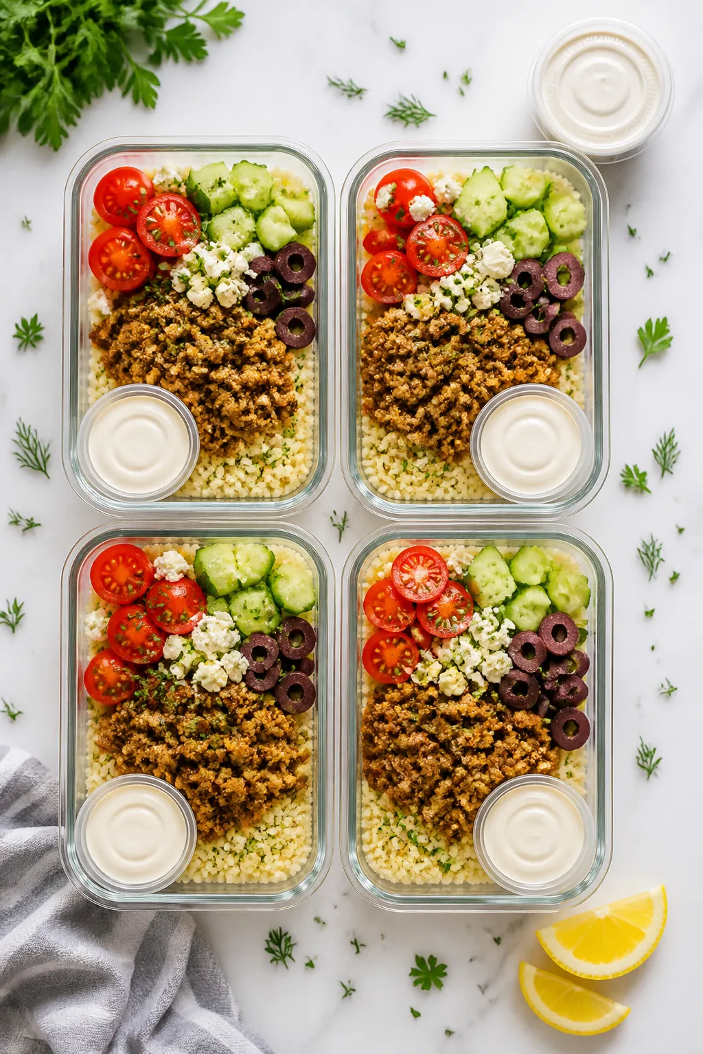 Tasty top view (overhead, meal prep boxes): Overhead shot of four meal prep containers neatly assemb