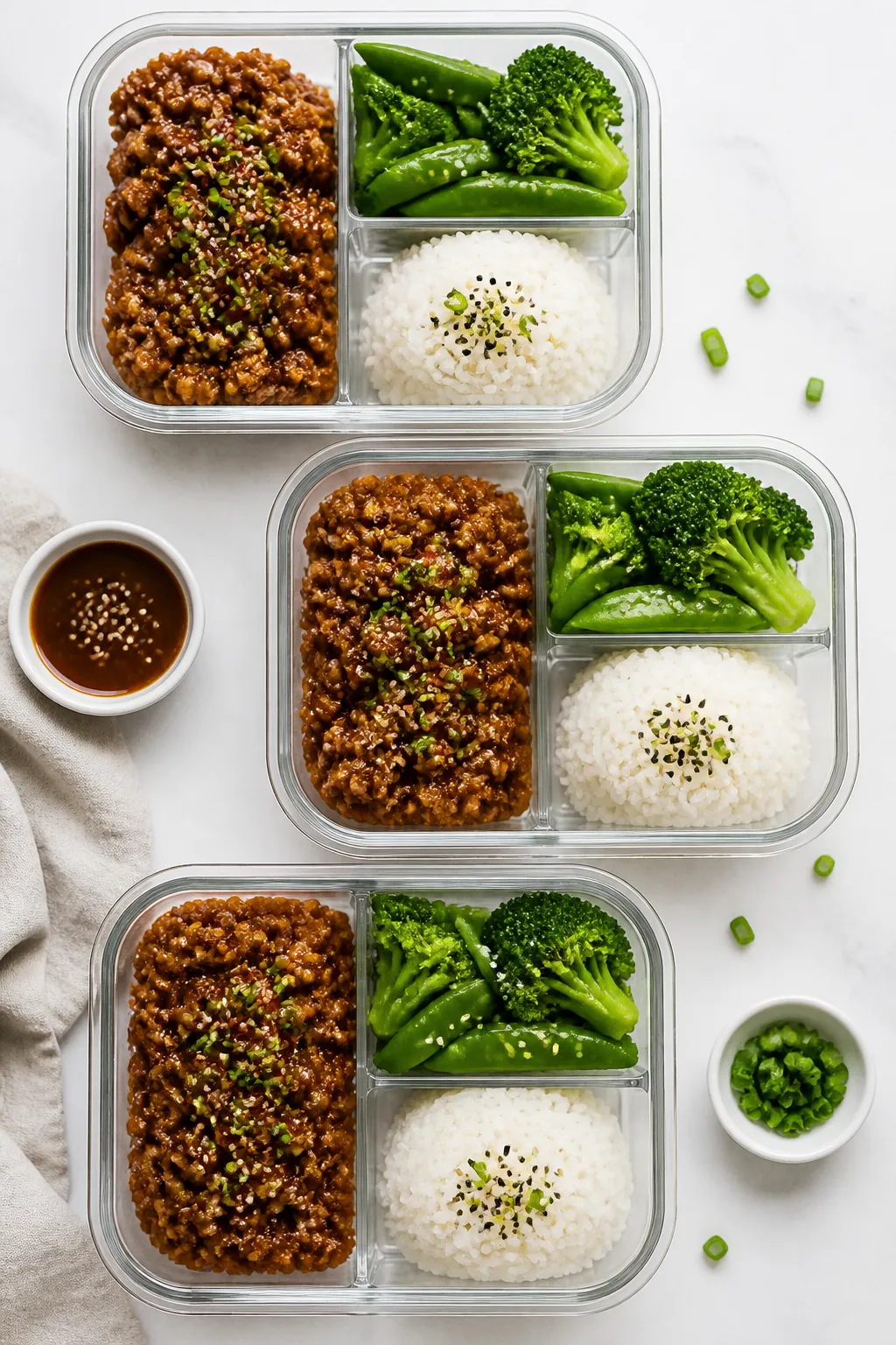 Tasty top view: Overhead meal-prep scene featuring three compartmentalized glass containers—one wi
