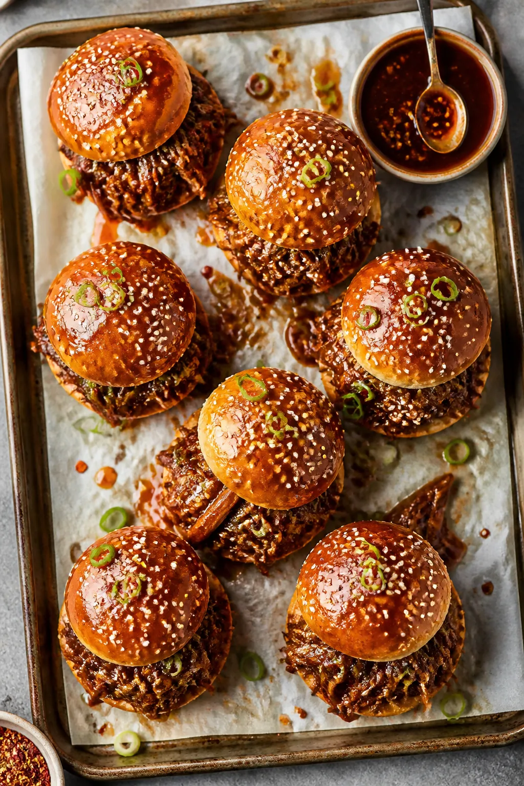 Tasty top view, overhead: Overhead shot of shredded Honey Garlic Pork piled into glossy slider buns 