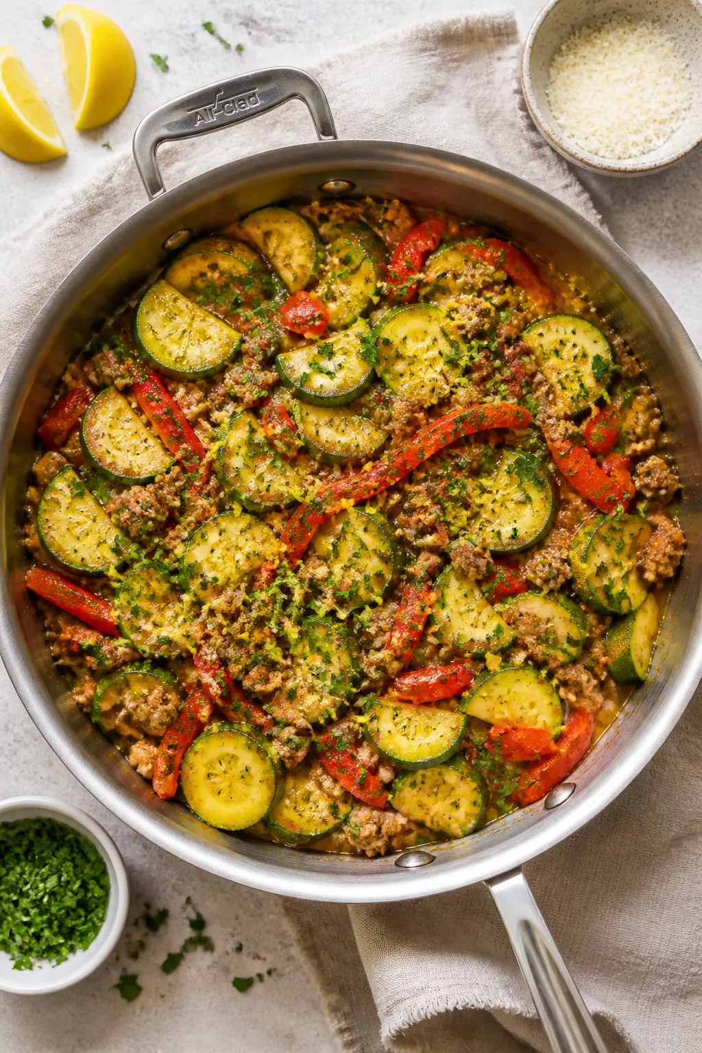 Tasty top view, overhead: Overhead shot of the finished Ground Chicken Zucchini Skillet in the pan, 