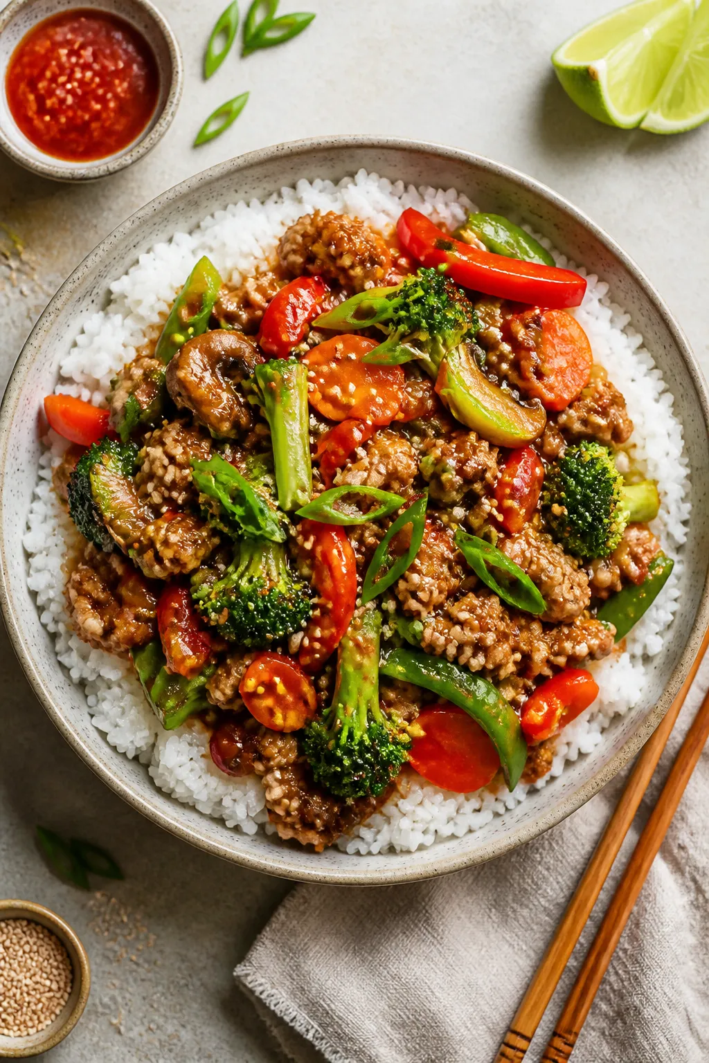 Tasty top view, overhead: Overhead shot of the finished ground chicken stir fry spooned over fluffy 