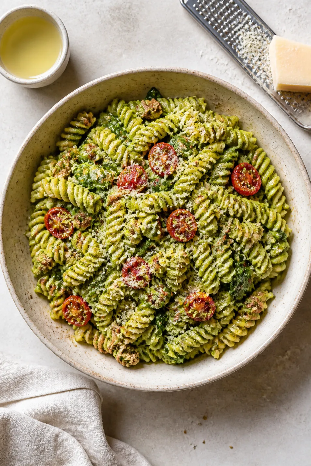 Tasty top view, overhead shot: Ground Chicken Pesto Pasta in a large, low serving bowl—al dente fu