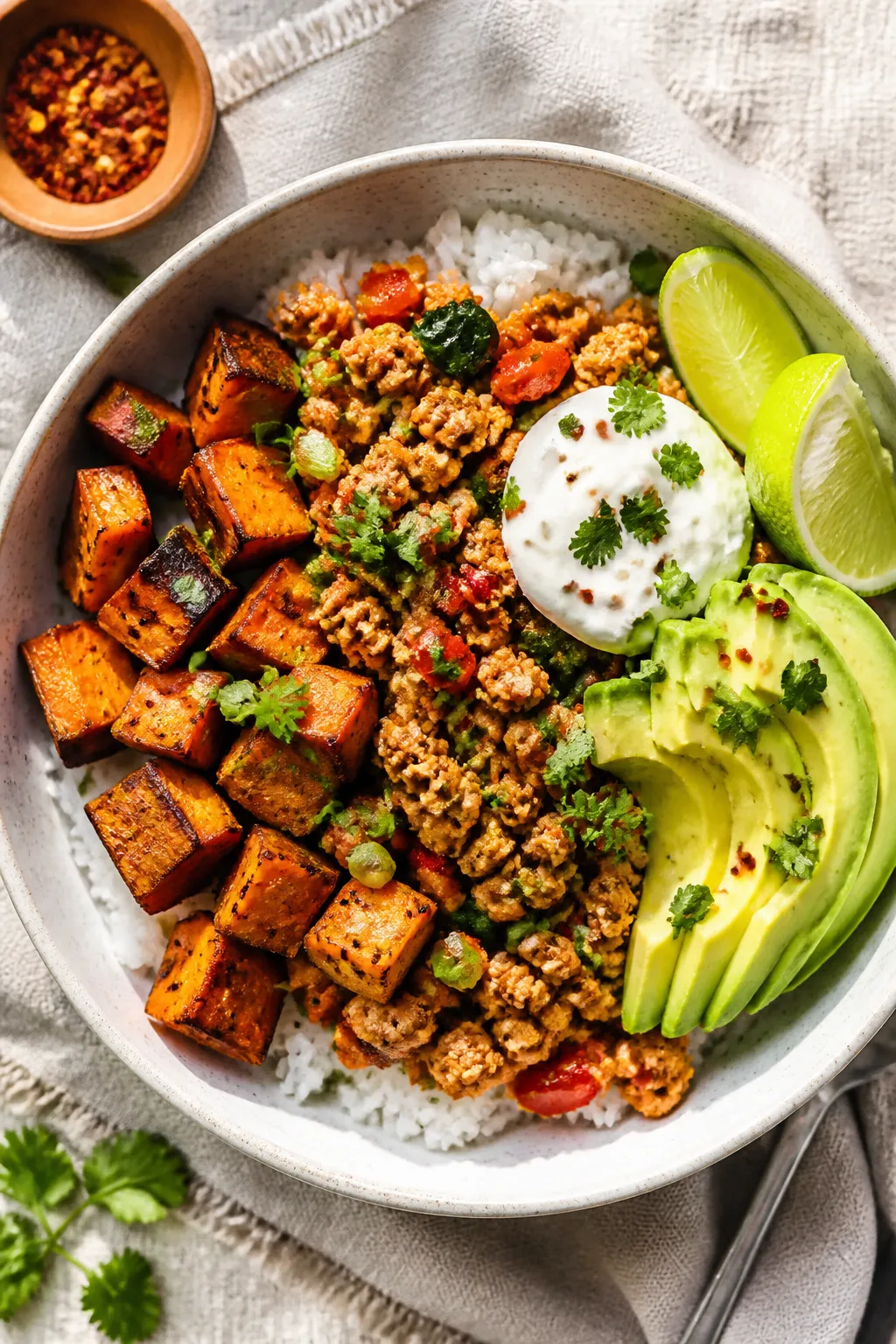 Tasty top view: Overhead shot of a composed Ground Chicken Sweet Potato Bowl—fluffy white rice bas