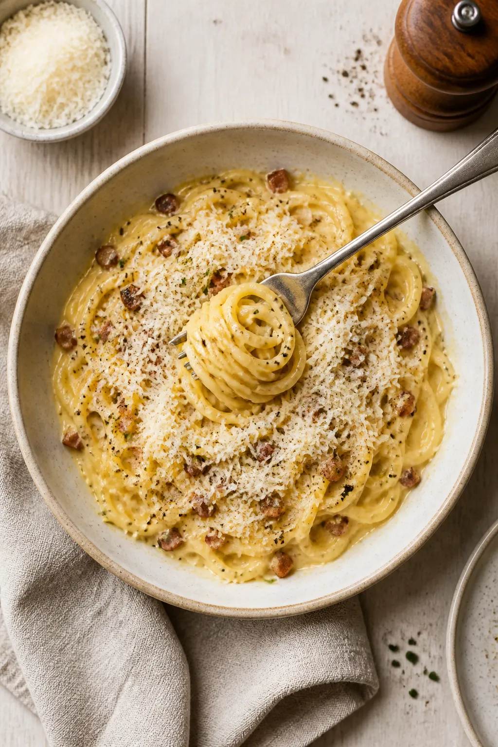 Tasty top view: Overhead shot of a deep bowl of finished ramen carbonara, sauce perfectly emulsified